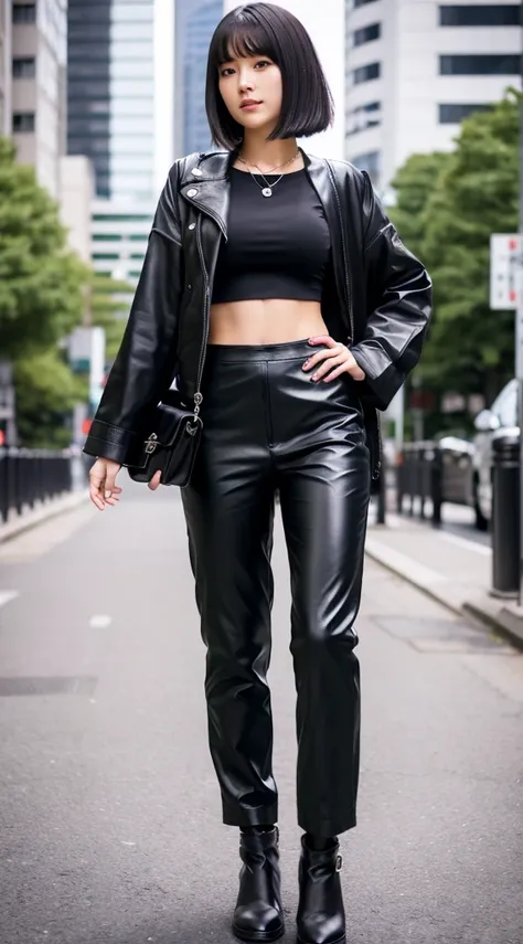 Best Quality, 8k, 32k, Masterpiece, UHD: 1.3), Attractive Japan Woman Pictures, One Girl, (full body : 1.0), Abs, Perfect Body, (leather jacket:1.0),(skirt:1.1),(boots:1.0),Ultra Detailed Face, Detailed Lips, Fine Eyes, Double Eyelids,short hair,Disheveled...