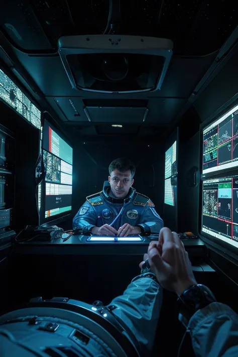 He is doing research on a virtual LED screen , he touches the virtual images with his fingers on the virtual LED screen, In the image we have 2 Astronauts in space uniform piloting a spacecraft, view inside the spacecraft. A humanoid robot is nearby helpin...