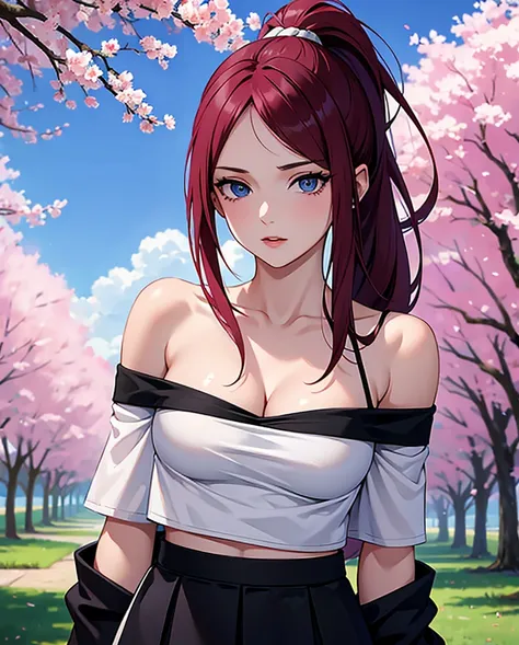 best quality, highres,uzumaki_kushina,Slender、small face、blue eyes、tall、In town、long hair、ponytail,(white short sleeve t-shirt:1.4 BREAK)、(black skirt:1.2)、(beautiful woman:1.5)、25 years old、Mature、midriff peek,(off-the-shoulder:1.3)、(I can see the cleavag...