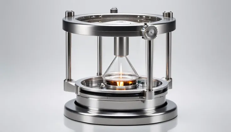 a highly detailed, intricate alcohol burner, isolated on a plain white background, a precise laboratory tool, glass and metal construction, gleaming metallic surfaces, perfectly lit with dramatic lighting, pristine and flawless, photorealistic, cinematic c...