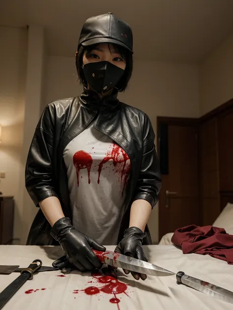 korean girl, (behind corpse, blood splatter), surgical mask, holding knife, stabbing, black raincoat, leather gloves, trucker hat, room full of blood, short hair, holding knife, leather gloves, behind corpse, night, mass murderer, robbery, in the hotel,
