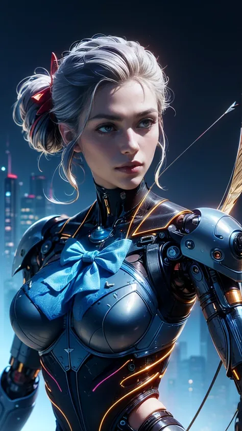 top quality, future world, State-of-the-art robot, Beautiful Woman archer, flying hair, (Transformed into a cyborg except for the face), sexy images, whole body photo, (((archer, bow, arrow)))