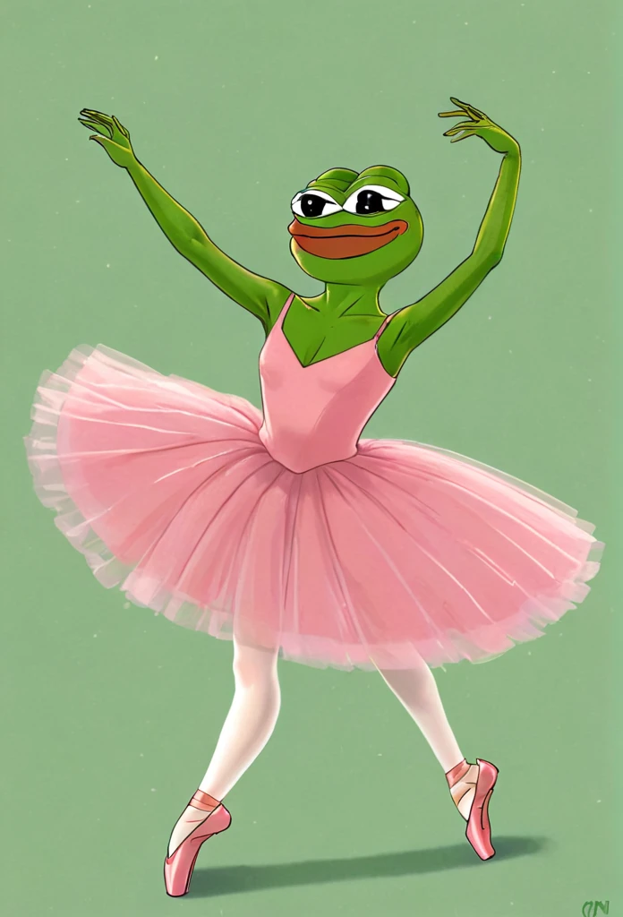 (((Pepe_frog))) This illustration, likely by a contemporary artist, employs a sketch-like, whimsical art style. The composition centers on a cartoonish green frog dressed as a ballerina, poised mid-dance on one leg, with arms gracefully extended. The frog ...