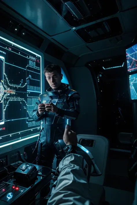 He is doing research on a virtual LED screen , he touches the virtual images with his fingers on the virtual LED screen, In the image we have 2 Astronauts in space uniform piloting a spacecraft, view inside the spacecraft. A humanoid robot is nearby helpin...