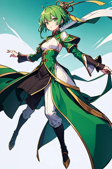 Green Hair、Her hair is short、Small breasts、standing、full body、Fighter、male、Uniform、Chinese Knight、Chinese style、White background、No exposure、China dress、pants、band