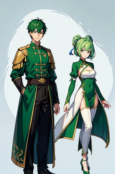 Green Hair、Her hair is short、Small breasts、standing、full body、Fighter、male、Uniform、Chinese Knight、Chinese style、White background、No exposure、China dress、pants、band