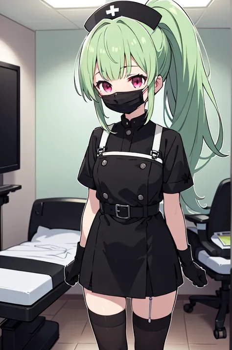 black nurse, 1girl, solo, black nurse cap, black nurse uniform, ((black legwear, zettai ryouiki)), black elbow gloves, ponytail, green hair, pink eyes, ((black surgical mask, covered nose)), standing, ((surgery room)), sharp outline, short sleeves, best qu...