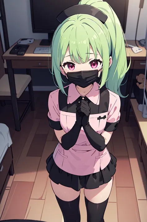 black nurse, 1girl, solo, black nurse cap, black nurse uniform, ((black legwear, zettai ryouiki)), black elbow gloves, ponytail, green hair, pink eyes, ((black surgical mask, covered nose)), standing, ((surgery room)), sharp outline, short sleeves, best qu...