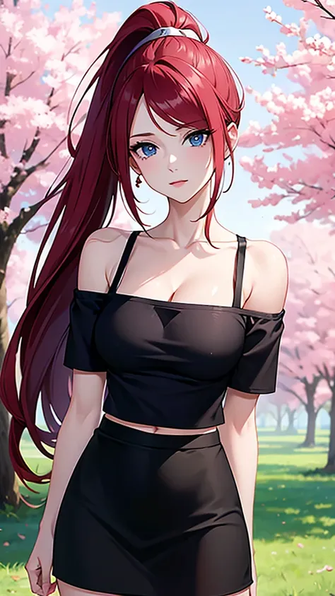 best quality, highres,uzumaki_kushina,Slender、small face、blue eyes、tall、In town、long hair、ponytail,(white short sleeve t-shirt:1.4 BREAK)、(black skirt:1.2)、(beautiful woman:1.5)、25 years old、Mature、midriff peek,(off-the-shoulder:1.3)、(I can see the cleavag...