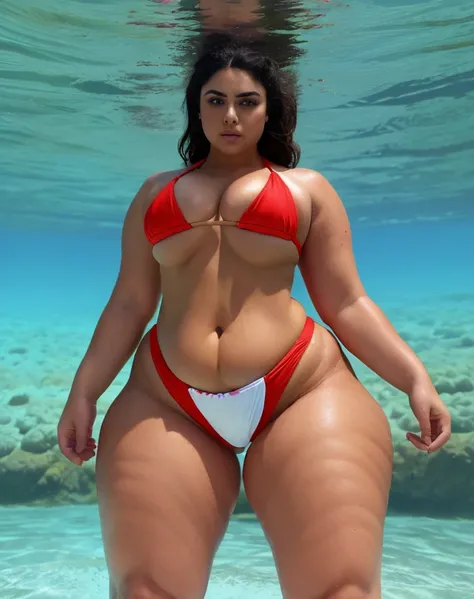 (masterpiece, best quality, high resolution), detailed skin, 1girl, solo, big belly, wide hips, thick thighs, round butt,  bikini, underwater, 