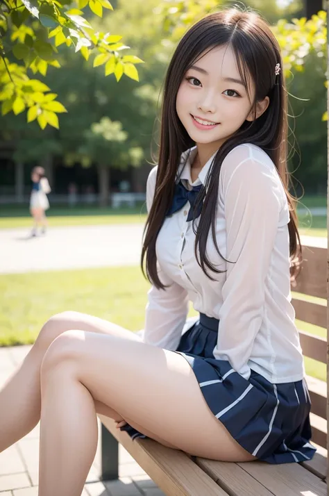 Pure Japanese school girl, sexual attractive, outstanding body, beautiful legs, wearing loose uniform, panty, sweet smile, sitting on bench, refreshing in early summer park, composition from the front, 