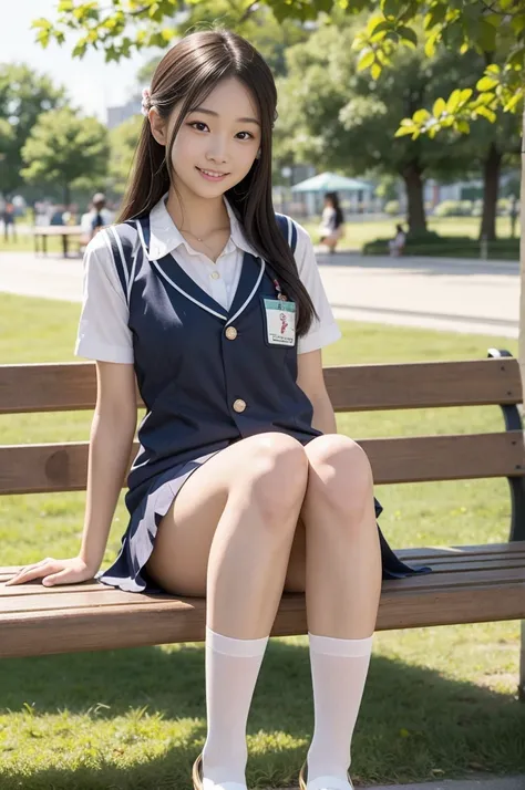 Pure Japanese school girl, sexual attractive, outstanding body, beautiful legs, wearing loose uniform, panty, sweet smile, sitting on bench, refreshing in early summer park, composition from the front, 