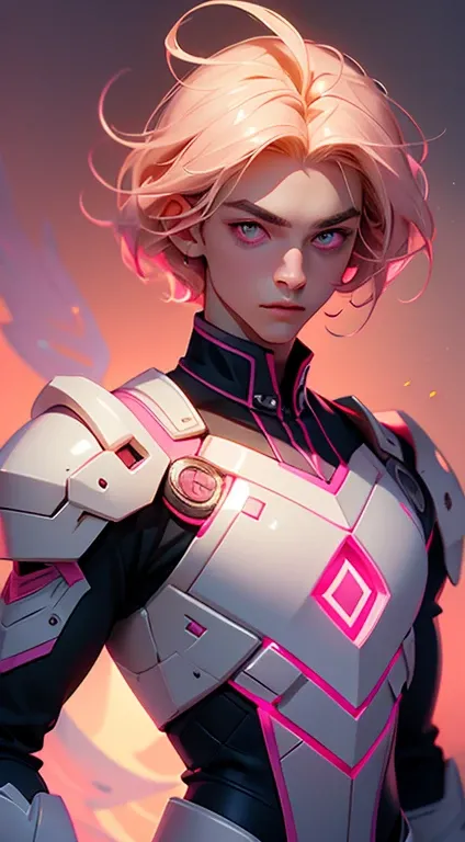 20 year old boy, pink eyes, belos pink eyes, short light blonde hair, pink lips, smooth skin, wears magic academy uniform, very majestic, better quality of work, pixel richness, best image, ultra details, ​masterpiece