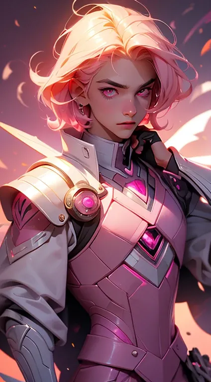 20 year old boy, pink eyes, belos pink eyes, short light blonde hair, pink lips, smooth skin, wears magic academy uniform, very majestic, better quality of work, pixel richness, best image, ultra details, ​masterpiece