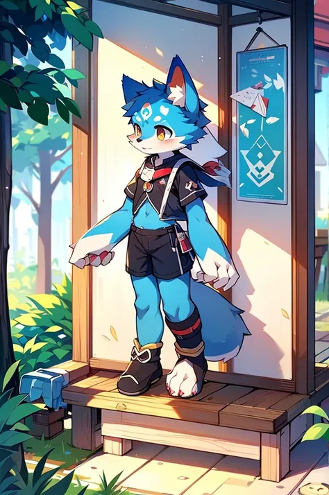 Blue fur, Canine, fox motif, boy, uniform,Tall，Estrus，Cute face，