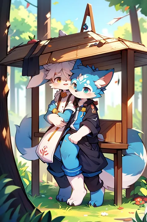 Blue fur, Canine, fox motif, boy, uniform,Tall，Estrus，Cute face，