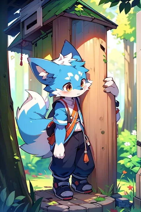 Blue fur, Canine, fox motif, boy, uniform,Tall，Estrus，Cute face，