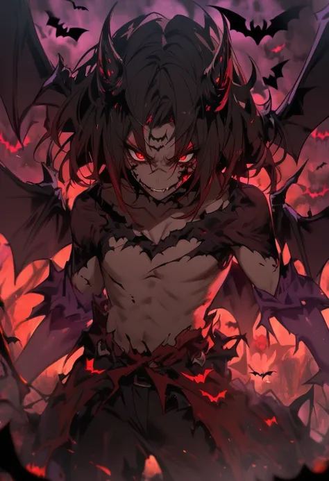 demon king, scary, dark aura, hell, male, red eyes, black and dark red hair, bats, blood