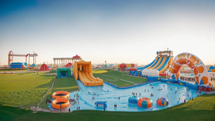 there are many people walking around a large inflatable slide, digger land amusement park, inflatable, fantasy land, amusement park attractions, softair center landscape, softair arena landscape, recreation, theme park, amusement park, warm and joyful atmo...