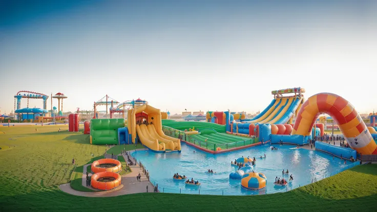 there are many people walking around a large inflatable slide, digger land amusement park, inflatable, fantasy land, amusement park attractions, softair center landscape, softair arena landscape, recreation, theme park, amusement park, warm and joyful atmo...