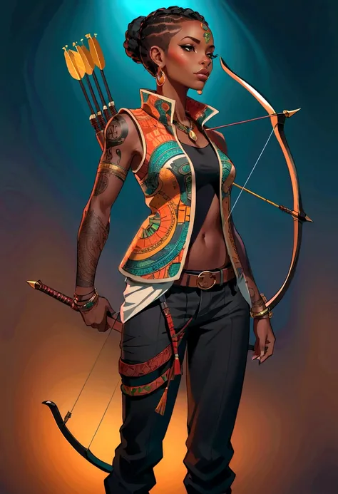 Anime style, African Archer Girl, whole body:1.2, Wearing an African vest jacket, Black pants, In a dark environment with high contrast. Multiple tattoos on arms