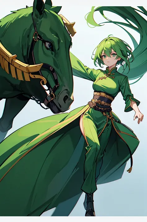 Green Hair、Her hair is short、Small breasts、standing、full body、Fighter、male、Uniform、Chinese Knight、Chinese style、White background、No exposure、China dress、pants、band、front、White is the main color of the outfit