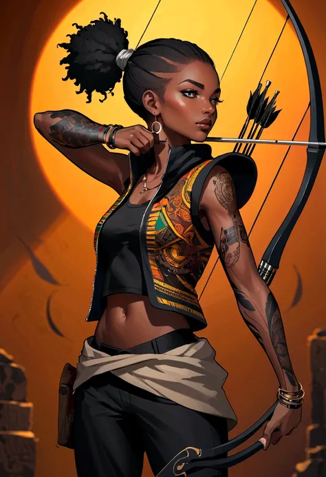 Anime style, African Archer Girl, Wearing an African vest jacket, Black pants, In a dark environment with high contrast. Multiple tattoos on arms