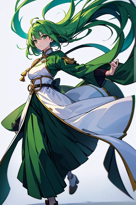 Green Hair、Her hair is short、Small breasts、standing、full body、Fighter、male、Uniform、Chinese Knight、Chinese style、White background、No exposure、China dress、pants、band、front、White is the main color of the outfit