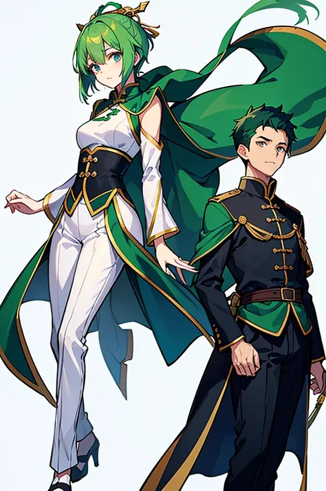 Green Hair、Her hair is short、Small breasts、standing、full body、Fighter、male、Uniform、Chinese Knight、Chinese style、White background、No exposure、China dress、pants、band、front、White is the main color of the outfit