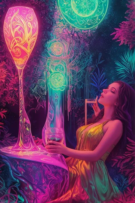 A beautiful woman drinking from a glowing, magical chalice with a fascinated expression, starting to hallucinate with colorful, surreal visions around her, 70s psychedelic, neon synthwav