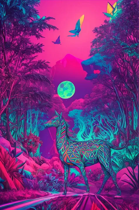 Surreal hallucinations of mystical animals, dreamlike landscapes, and floating geometric shapes, all glowing with neon lights, 70s psychedelic, synthwave aesthetic