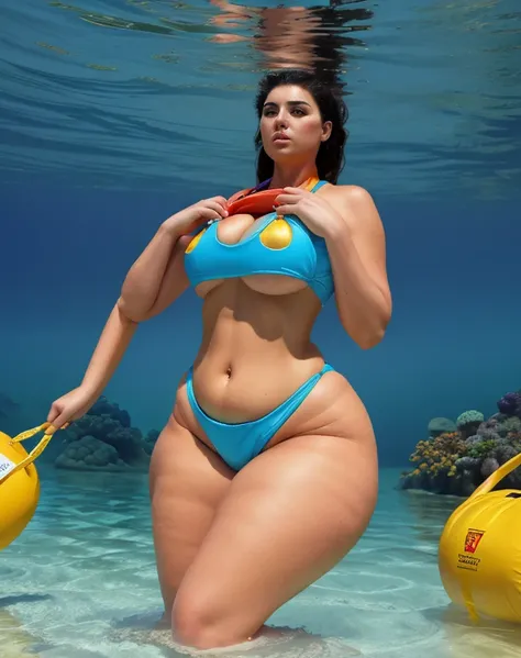 (masterpiece, best quality, high resolution), detailed skin, 1girl, solo, big belly, wide hips, thick thighs, round butt,  bikini, under the sea, she grabs onto a life preserver