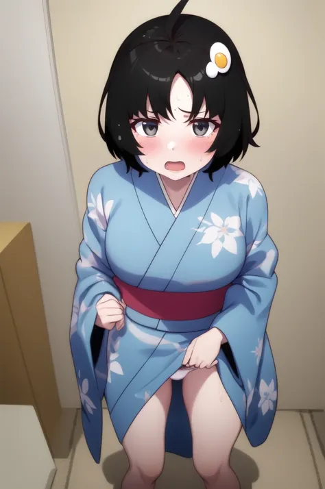 One Girl, alone, Watching,
araragitsukihi, hair ornaments,short hair, Ahoge, Unpack the box,An open-front kimono,No band,Full view of breasts,Blue kimono, egg hair ornaments, Parted bangs,Panties in full view,Sweat,Open the slit,anger,blush, Open your mout...