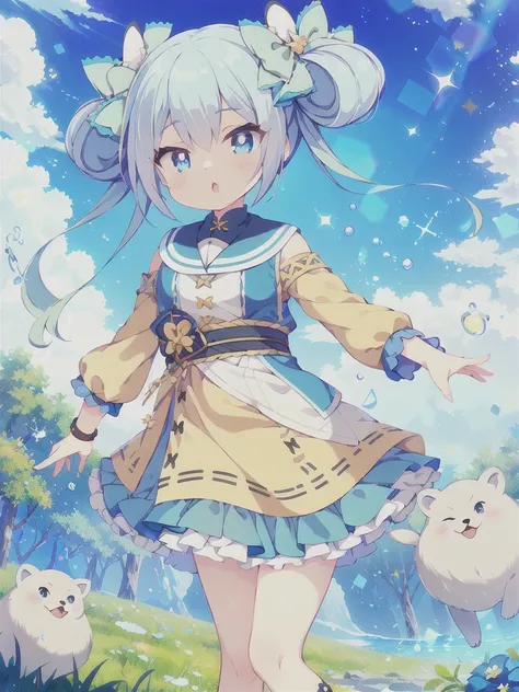 Masterpiece,high quality,high resolution,Detailed Background,(((1girl,独奏))),Blue Hair, Twin tails, Hair between the eyes, ((紫のhair bow)), eyebrows visible through hair,Floating Island,grassland,Are standing,