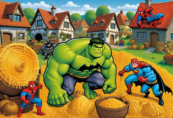 Style image (Wimmelbuch):1.5, illustration for a childrens magazine, bright colors, clear outlines, cartographic image of a cartoon village with many houses and village attributes, countryside, (Spiderman and Superman making hay):1.4, (Hulk and Shrek diggi...