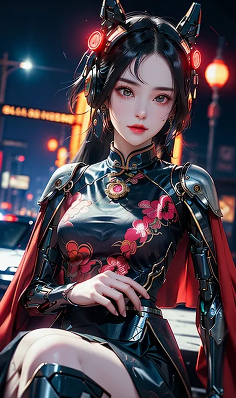 1 girl, Chinese_clothes, metallic black titanium and pink, cyberhan, cheongsam, cyberpunk city, dynamic pose, detailed luminescent headphones, luminous hair accessories, long hair, luminous earrings, glowing necklace, cyberpunk, high-tech city, full of mec...