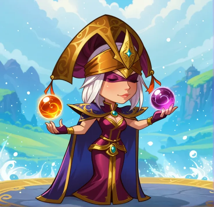 mage, fantasy, game character, cartoon, women, blindfolded, magic spheres in hands