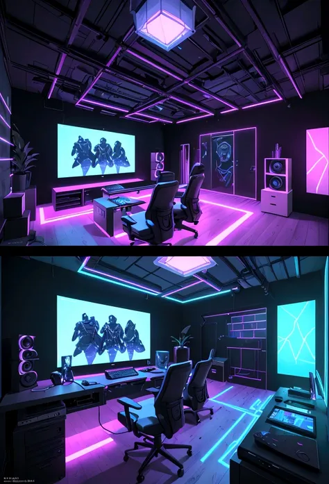 Design a dynamic content creators studio with vibrant RGB lighting and additional ambient accents. Integrate a stylish wooden showcase displaying tech gadgets, awards, and personal items. Include a dedicated podcast setup with professional equipment and em...