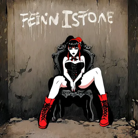 Fred Flintstone sitting next to a Wilma Flintstone in Gothic style with black lipstick and a corset, both wearing red gothic boots, against a dark, eerie wall with gothic graffiti