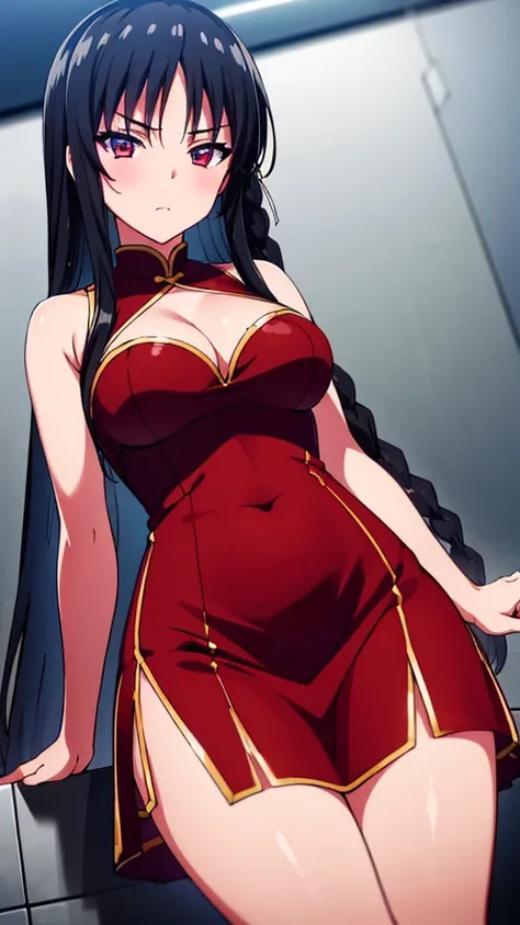 (masterpiece:1.3), (best quality:1.2)(8k, ultra detailed, ultra high res:1.3), ((anime style)), perfect 5 fingers, perfect anatomy, 1girl,
BREAK long hair, braid, black hair, 
red eyes, (focus detailed eyes:1.2), 
BREAK medium breasts, chinese bun black sh...