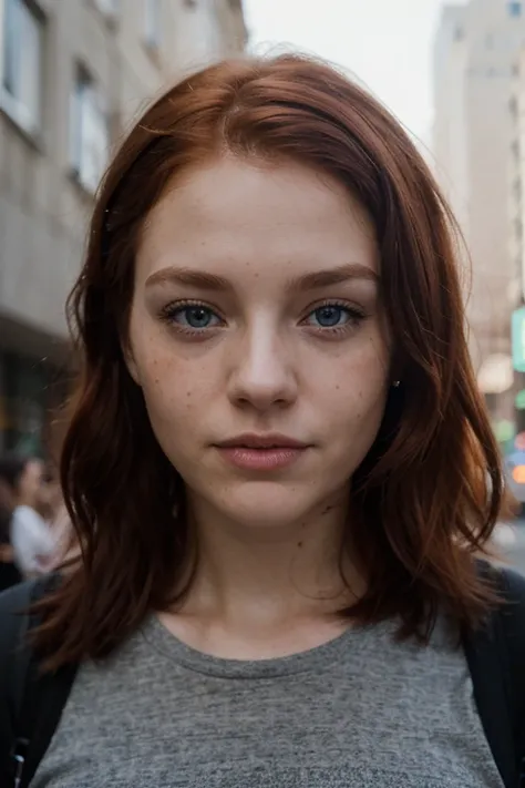 photo of a red-haired woman, in the city (freckles:0.8) cute face, dystopian, detailed eyes, Blue eyes