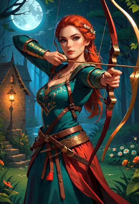 best quality, high target_solve, clearly_image, detailed background ,1 archer woman, garden, night,hook of holland, wide-angle l...