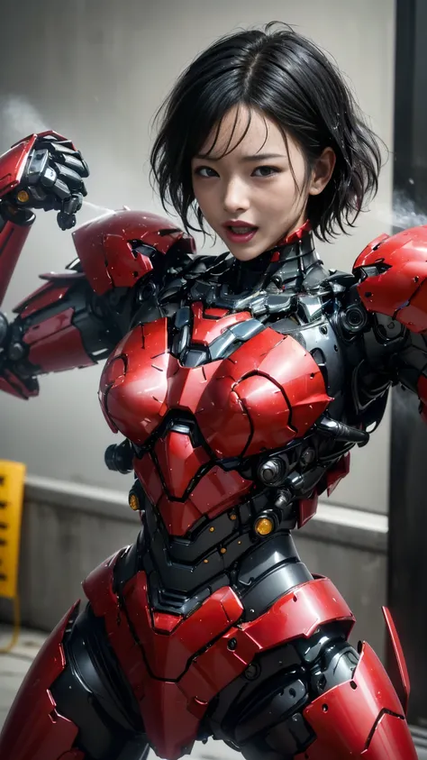 , Very detailed, Advanced Details, high quality, 最high quality, High resolution, 1080P 、、Red Armor、Wearing red and black、cute((During a break))(破損したwoman用ロボットスーツを着用...)(Red Armor)(Broken Armor)Black Hair、、Soaking wet、Soaked Face　　Beautiful Face、Hot look　kn...