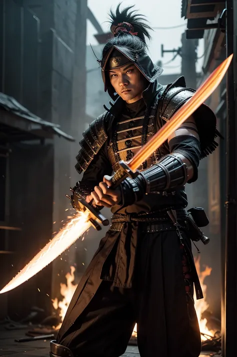 Cyber samurai warrior, with four flaming machete swords 