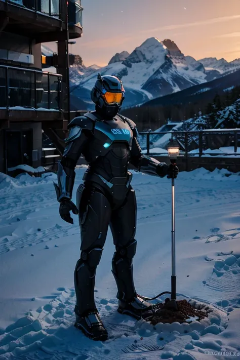 A humanoid robot researching the soil with an LED light that touches the ground, analyzing and collecting samples of soil components , not just with snow, in the background frozen mountains without vegetation, right planet.View outside the ship.