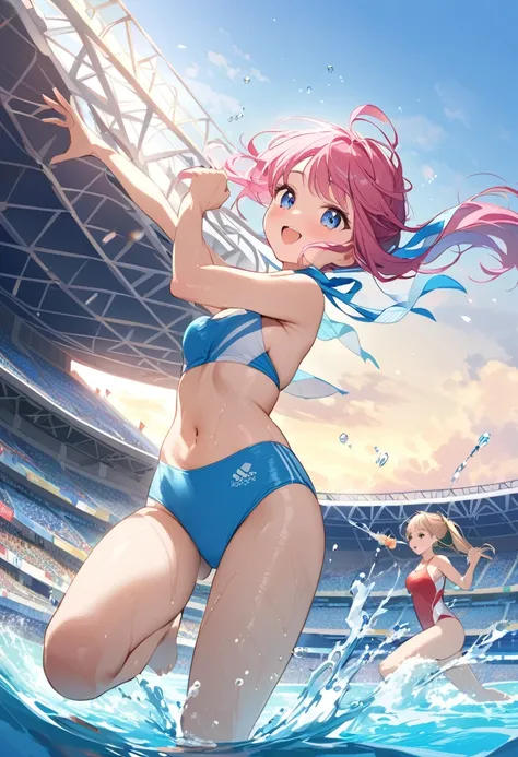 Highest quality、High resolution、Detailed Background、Beautiful face in every detail、Teenage beauty、Cute hair colors、Perfect body line、swimming、Olympic Stadium、The pool shines blue、The audience is filled with excitement、The sun is shining high、Elite athletes...