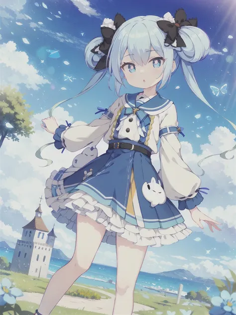 Masterpiece,high quality,high resolution,Detailed Background,Detailed eyes,Blue Hair, Twin tails, Hair between the eyes, 紫のhair bow, eyebrows visible through hair,Floating Island,grassland,Are standing,