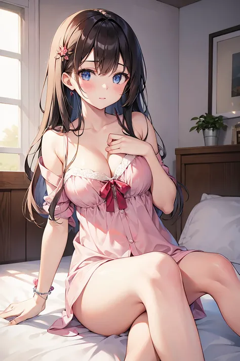 (masterpiece, Highest quality, Super detailed, Best Shadow)、1 Girl、pajamas、Beautiful face、Beautiful body、blush、Cleavage、On the bed