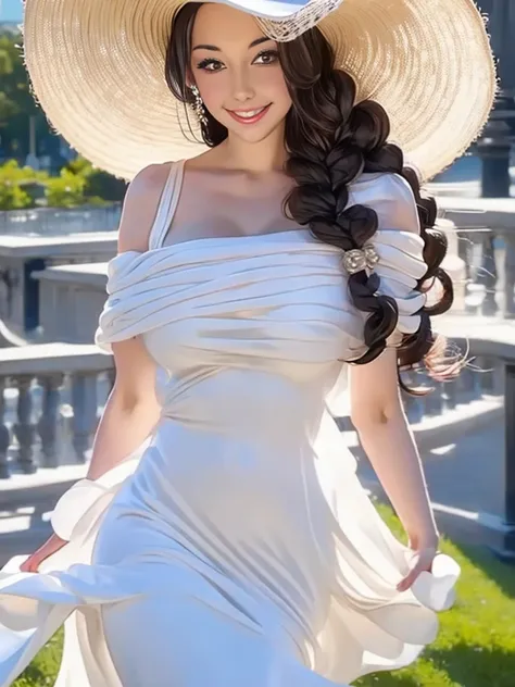 A close up of a woman wearing a white hat and a white dress