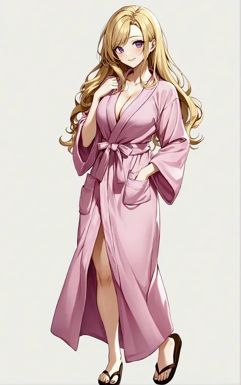 1girl，独奏，Long hair，Chest，Smile，blond，大Chest，Simple background，White background，Cleavage，Purple Eyes，whole body，Bathrobe，sandals，粉色Bathrobe